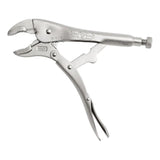 Adjustable locking pliers with curved jaws and a silver metallic finish.