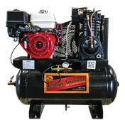 Gas-powered air compressor with a red engine and black storage tank.