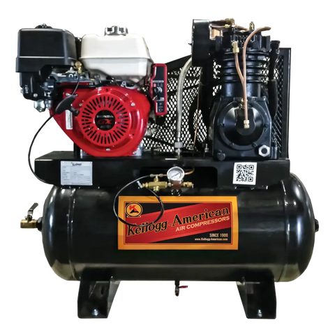 Gas-powered air compressor with a red engine and black storage tank.