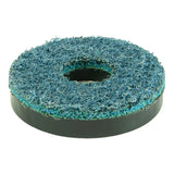 Circular abrasive scouring pad with a hole in the center.