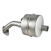 Stainless steel exhaust muffler with curved inlet pipe and cylindrical body.