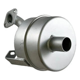 Metallic cylindrical muffler or exhaust component with inlet and outlet pipes.