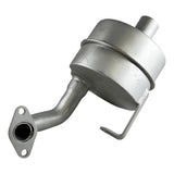 Automotive exhaust muffler or resonator component with an inlet pipe and mounting bracket.