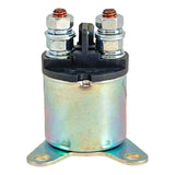 Automotive starter solenoid with metal casing and electrical terminals.