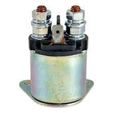 Automotive starter solenoid with metal casing and electrical terminals.