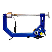 Tennis racket stringing machine with a blue frame and metal components.