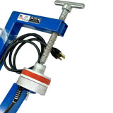 Electric vulcanizer tool for repairing tires, featuring a blue frame, heating element, and power cord.