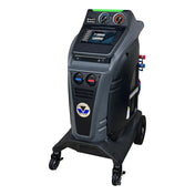 Automotive air conditioning service machine with gauges, display screen, and wheels.