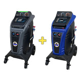 Automotive air conditioning service machines, one gray and one blue, with digital displays and pressure gauges.