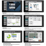 Set of six touchscreen interface displays showing different control screens for an industrial or technical system.