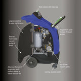 Portable vacuum pump system with blue exterior and labeled components for maintenance and operation.