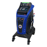 Automotive air conditioning service machine with blue and black casing on wheels.