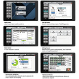 Set of six touchscreen interface displays showing different control screens for an industrial or technical system.