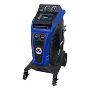 Automotive air conditioning service machine with blue and black casing, display screen, gauges, and wheels.