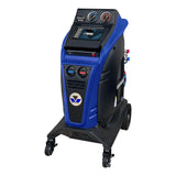 Automotive air conditioning service machine with blue and black casing, display screen, gauges, and wheels.