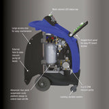 Portable vacuum pump system with blue exterior housing and labeled components for maintenance and operation.