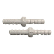 Plastic tube connectors with ridged ends and a central hexagonal section.