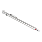 Metallic bicycle pump with a red tip and silver body.