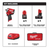 Milwaukee M12 Fuel Stubby Impact Wrench Kit with batteries, charger, and carrying case