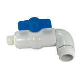 Plastic ball valve with a blue handle and white body, featuring an angled outlet.