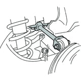 Car suspension system with shock absorber, spring, and control arm components.