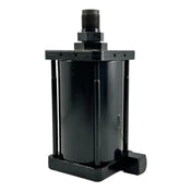 Black hydraulic or pneumatic cylinder with mounting brackets and connectors.