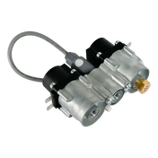 Metallic automotive fuel pump or filter assembly with hoses and connectors.