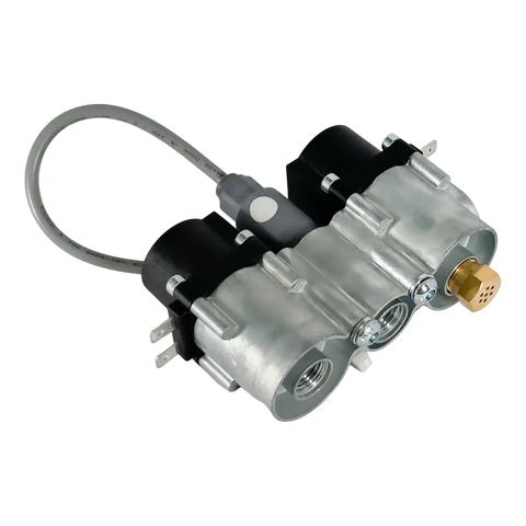 Metallic automotive fuel pump or filter assembly with hoses and connectors.