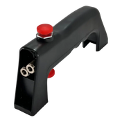 Black plastic gun-shaped device with a red button and two metal prongs at the front.