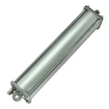 Cylindrical pneumatic or hydraulic actuator with a metallic silver finish.