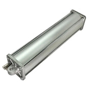 Cylindrical pneumatic or hydraulic actuator with a metallic silver finish.