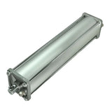 Cylindrical pneumatic or hydraulic actuator with a metallic silver finish.