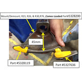 Metal mounting bracket with yellow plastic components and a 45mm measurement indicated.