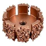 Copper-colored circular cutting tool with jagged edges and a threaded center hole.