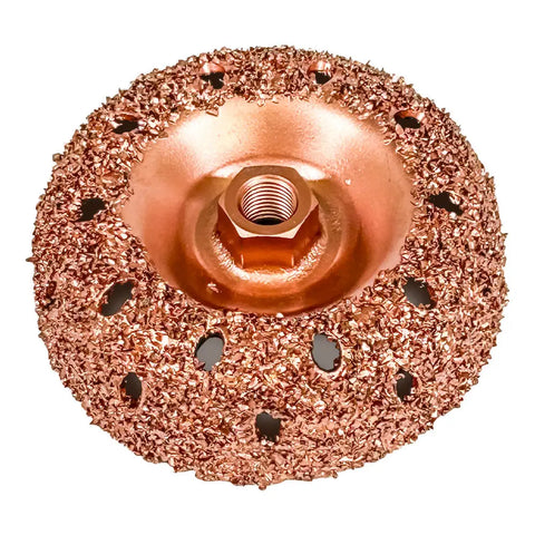 Copper-colored abrasive grinding wheel with a central threaded nut and perforated surface.