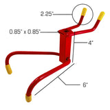 Red metal hook or hanger with yellow-tipped ends and labeled dimensions.