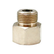 Metal plumbing fitting with a hexagonal base and threaded top portion.