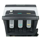 Automotive fluid diagnostic machine with three labeled compartments for different oils and dyes.