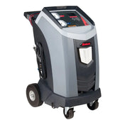 Portable automotive air conditioning service machine with wheels and control panel.