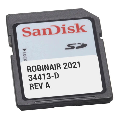 SanDisk SD memory card labeled ’ROBINAIR 2021 34413-D REV A’.