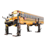 Yellow school bus elevated on mechanical lifts for maintenance or repair.