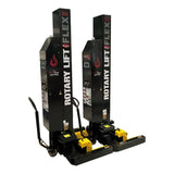 Pair of black and yellow hydraulic vehicle lifts with ’Rotary Lift Flex’ branding.