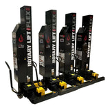 Rotary lift flex hydraulic vehicle lift system with four black and yellow units.