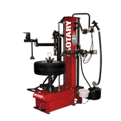 Tire changing machine with a red base and various mechanical components.