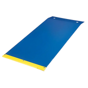 Blue exercise or yoga mat with yellow edges.