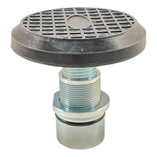 Floor drain with a round grated cover and threaded metal body.