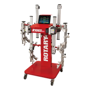 Red automotive wheel alignment machine with multiple adjustable arms and a digital display.