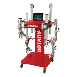 Red automotive wheel alignment machine with multiple adjustable arms and a digital display.