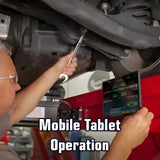 Mechanic using a wrench and tablet while working under a vehicle.