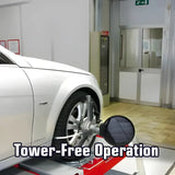 Portable car lift device positioned under a white luxury vehicle’s wheel.